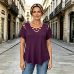 👚 Tricou din bumbac 100% cu decolteu în V, design încrucișat și decupaje｜modern și respirabil