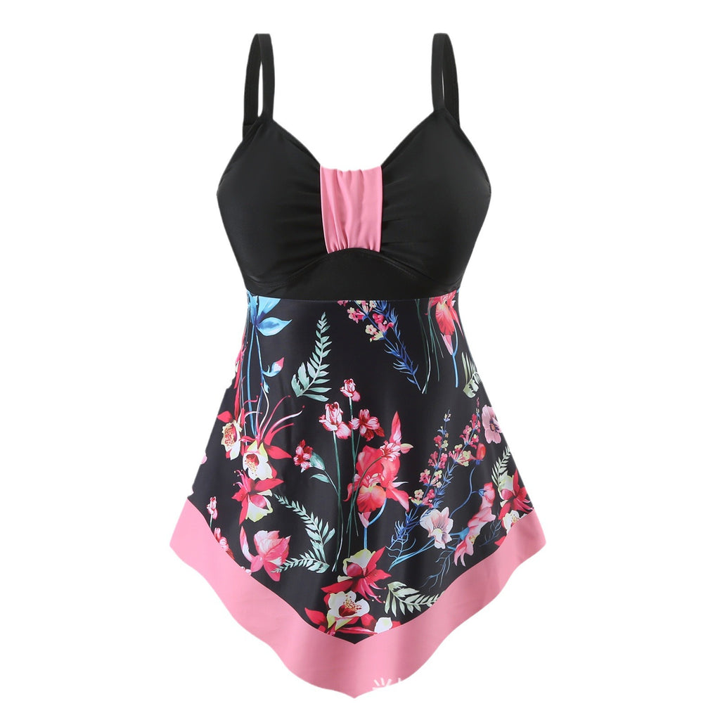 Costum de Baie 2 Piese cu Rochiță Flotantă, Imprimeu Floral Albastru, Design Elegant pentru Controlul Abdomenului, Confortabil și Respirabil