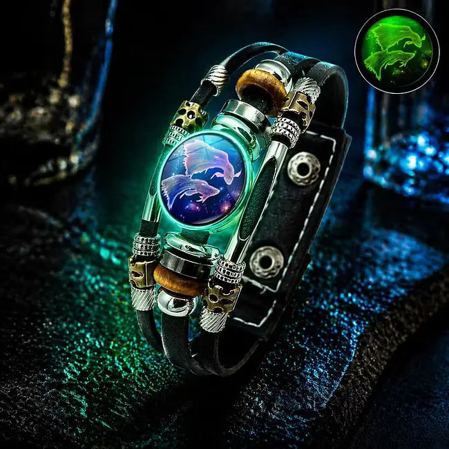 🌙 Brățară din piele cu semne zodiacale luminescente – împletitură în 3 straturi, lungime reglabilă, unisex 💫✨