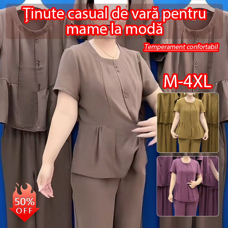 【Top + Pantaloni】🔥🔥Costum sport din două piese, temperament slim, mărime mare, 2026, costum de vară pentru mame, la modă