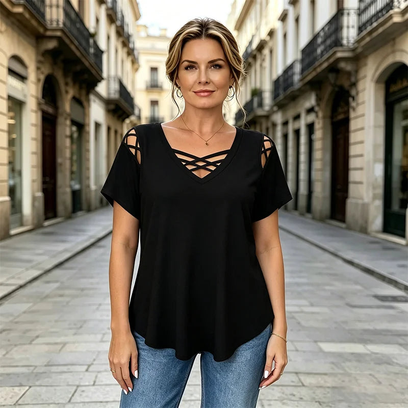 👚 Tricou din bumbac 100% cu decolteu în V, design încrucișat și decupaje｜modern și respirabil