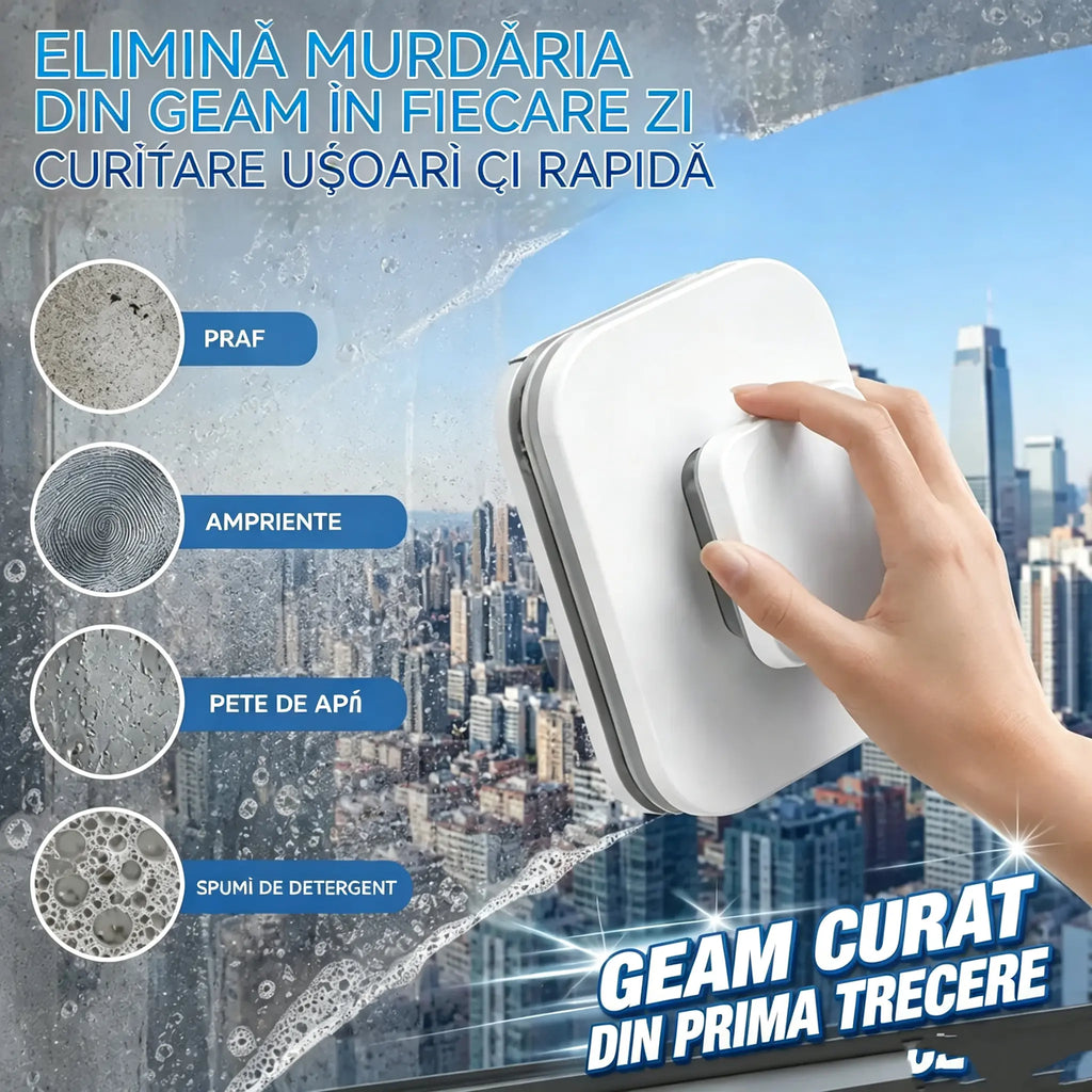 ⚡ Ștergător magnetic de geamuri: suprafață de curățare cu 30 % mai mare. Bureți dubli de curățare + spatulă: rezultate perfecte dintr-o singură trecere! 🧊🌀
