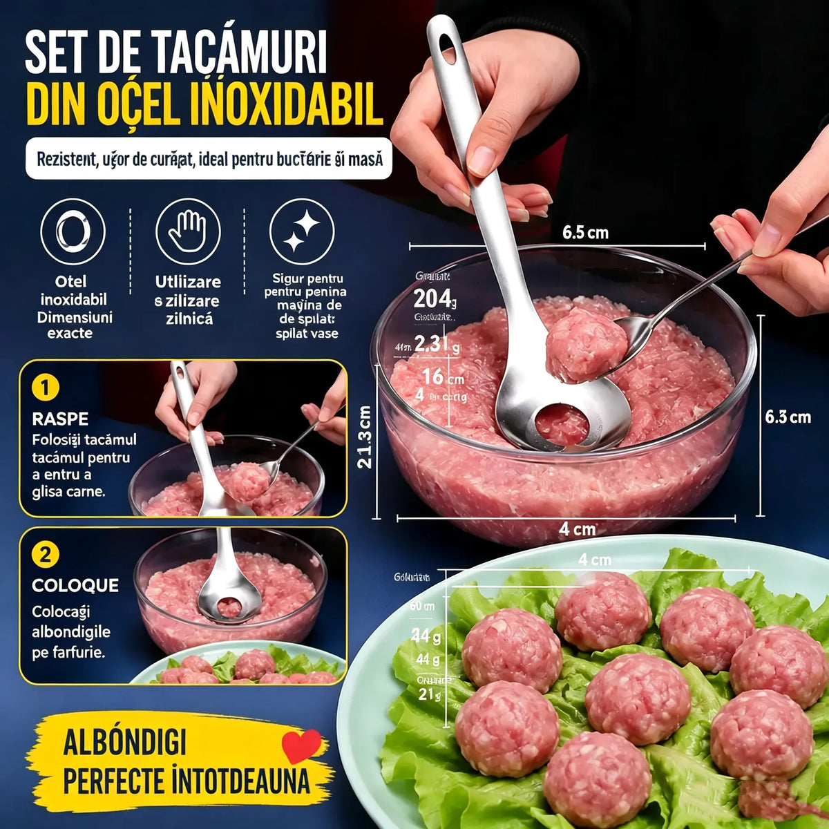 🍖 【3 bucăți】Formă pentru chiftele din oțel inoxidabil 304 – ideală pentru prepararea chiftelelor din carne și pește, perfectă pentru gătit acasă 🥄