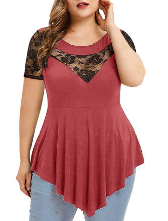 【S-5XL】Tricou casual cu mâneci scurte din dantelă contrastantă de mărime mare