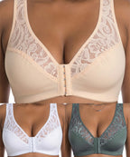 💖 【Set 3 piese】 【L–4XL】 😍 Sutien push-up mărimi mari – dantelă elegantă, efect push-up și detalii decupate, închidere frontală