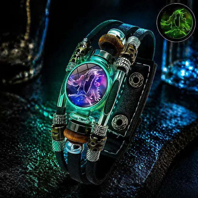 🌙 Brățară din piele cu semne zodiacale luminescente – împletitură în 3 straturi, lungime reglabilă, unisex 💫✨