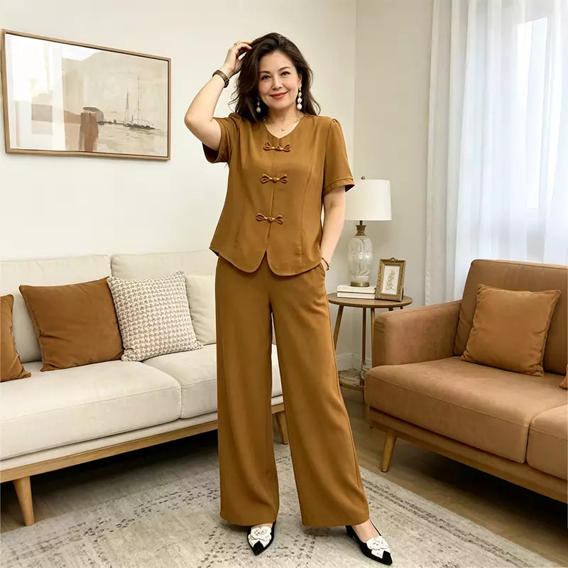 Costum de Damă Casual-Elegant din Material Lejer – Design cu Nasturi Decorativi și Pantaloni Vaporos