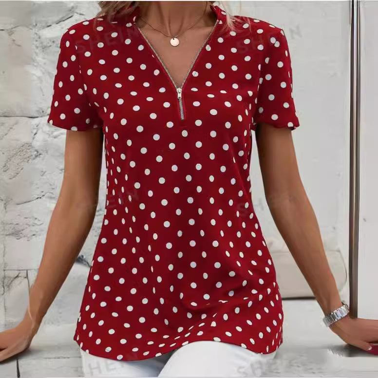 💥【49%OFF!!Livrare gratuită!】👚2026 noua maneca scurta cu imprimeu cu buline, top neregulat cu fermoar cu decolteu in V