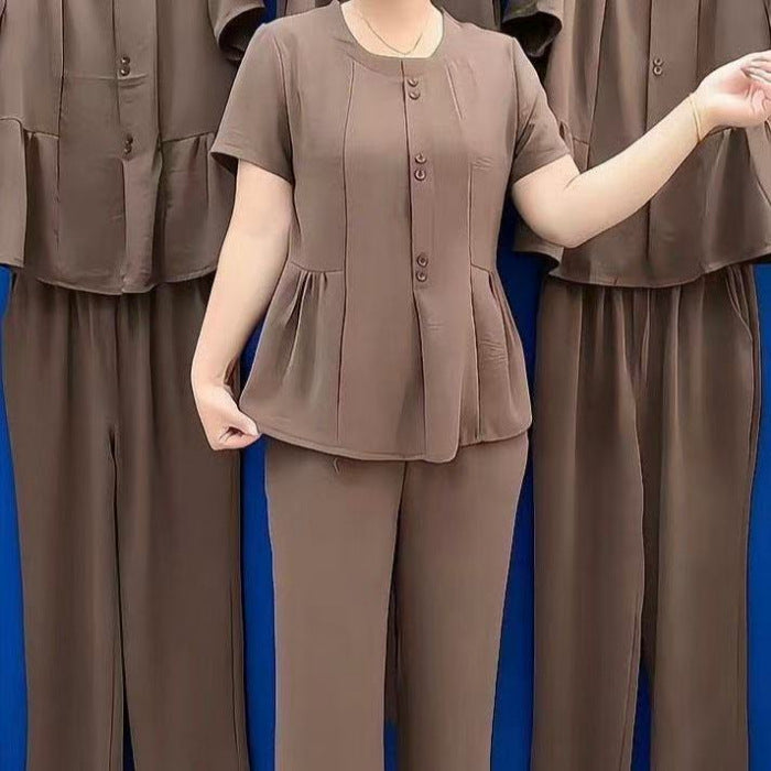 【Top + Pantaloni】🔥🔥Costum sport din două piese, temperament slim, mărime mare, 2026, costum de vară pentru mame, la modă