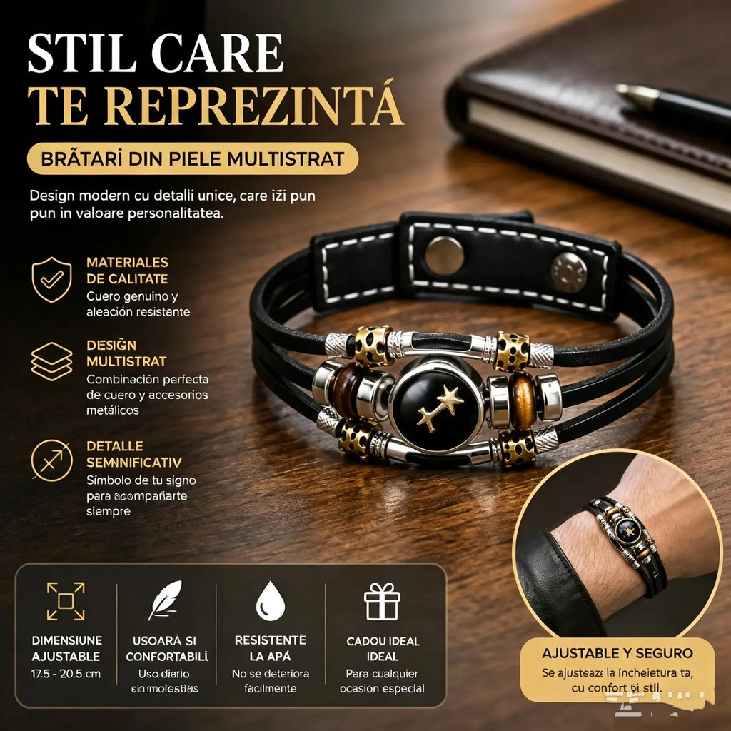 🌙 Brățară din piele cu semne zodiacale luminescente – împletitură în 3 straturi, lungime reglabilă, unisex 💫✨