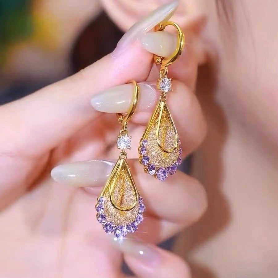 ✨【2 perechi】Cercei eleganți din aur cu diamante strălucitoare