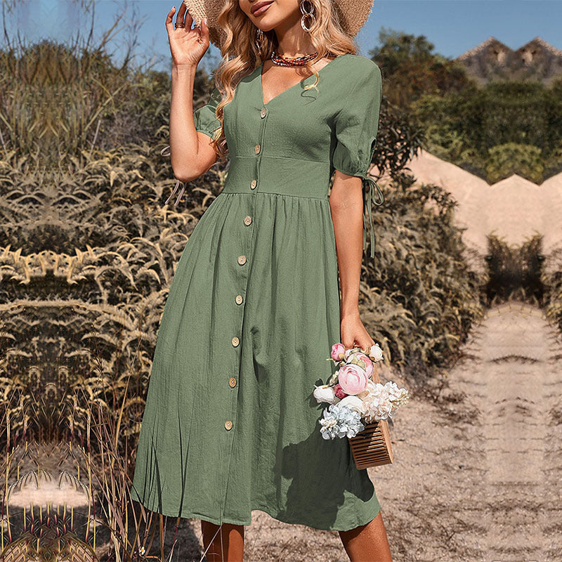 🌸Rochie de culoare uni cu maneca scurta cu decolteu in V