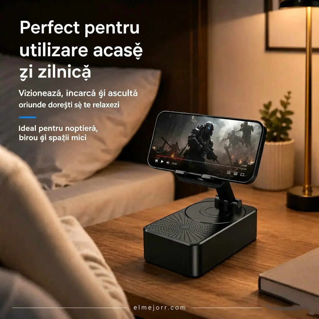 🔥 3 în 1: Boxă Bluetooth + încărcător + suport telefon mobil cu rotire la 360° 📱🔊⚡
