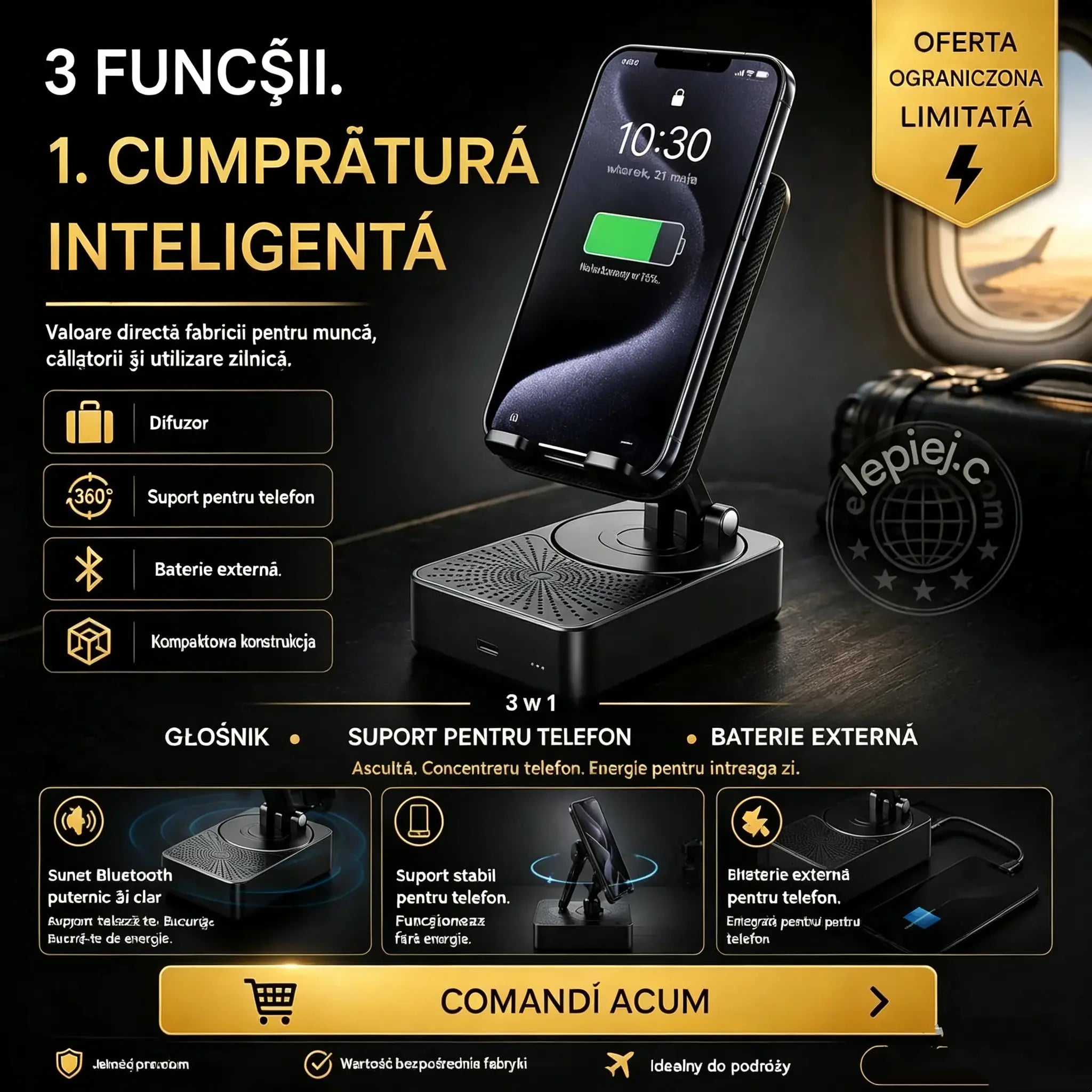 🔥 3 în 1: Boxă Bluetooth + încărcător + suport telefon mobil cu rotire la 360° 📱🔊⚡