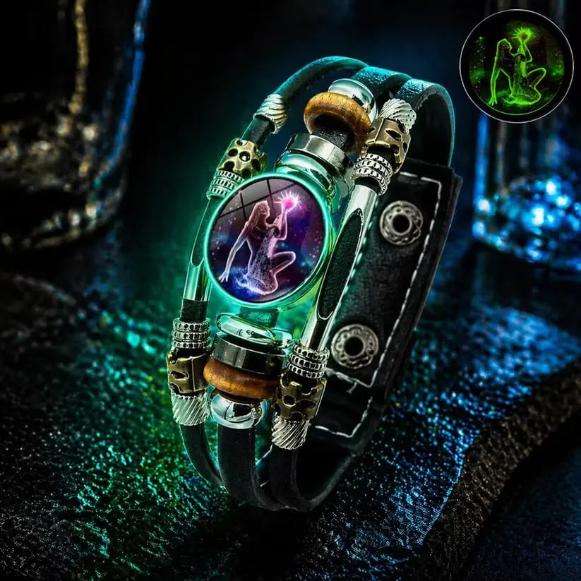 🌙 Brățară din piele cu semne zodiacale luminescente – împletitură în 3 straturi, lungime reglabilă, unisex 💫✨
