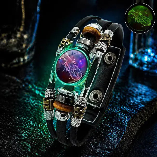 🌙 Brățară din piele cu semne zodiacale luminescente – împletitură în 3 straturi, lungime reglabilă, unisex 💫✨