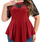 【S-5XL】Tricou casual cu mâneci scurte din dantelă contrastantă de mărime mare