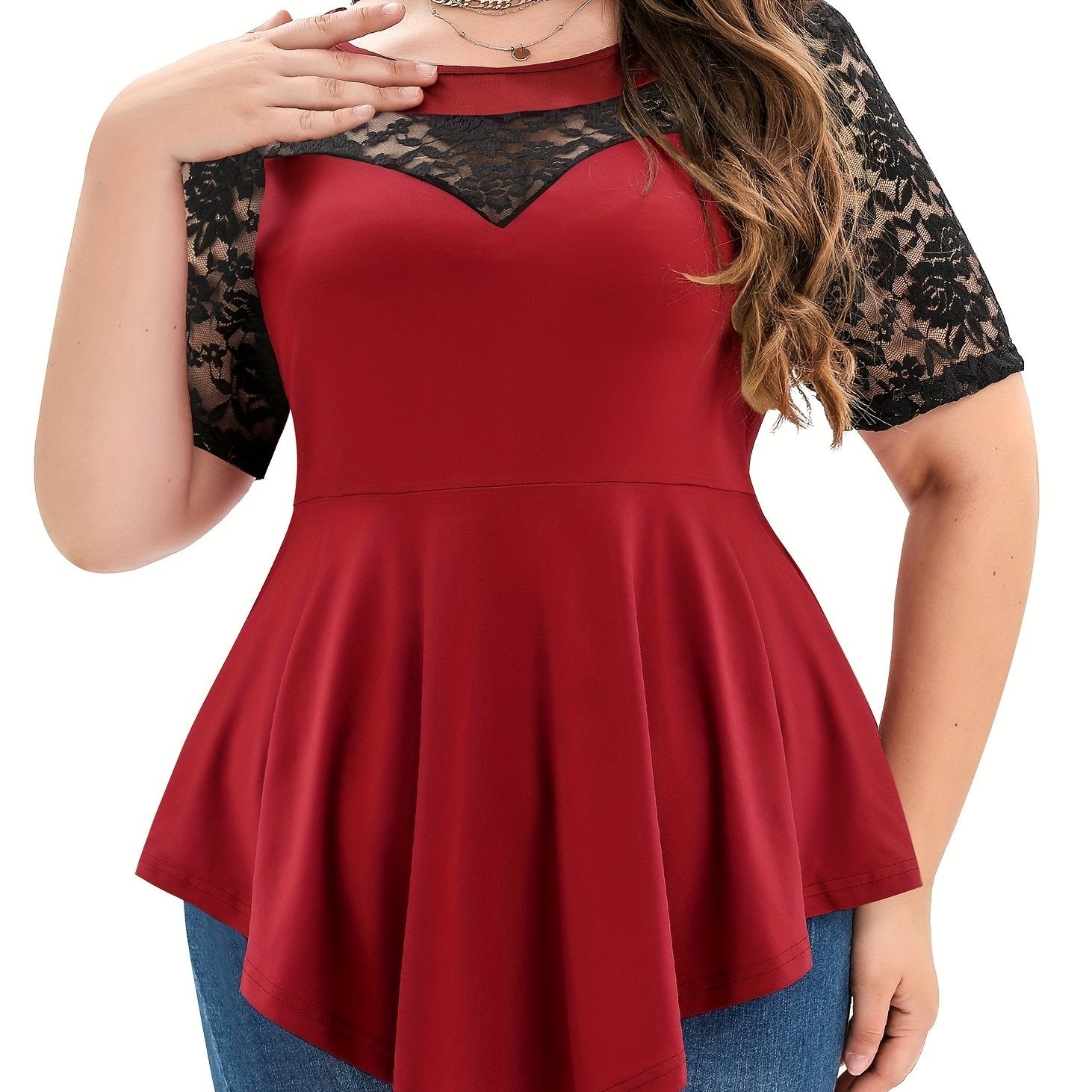 【S-5XL】Tricou casual cu mâneci scurte din dantelă contrastantă de mărime mare