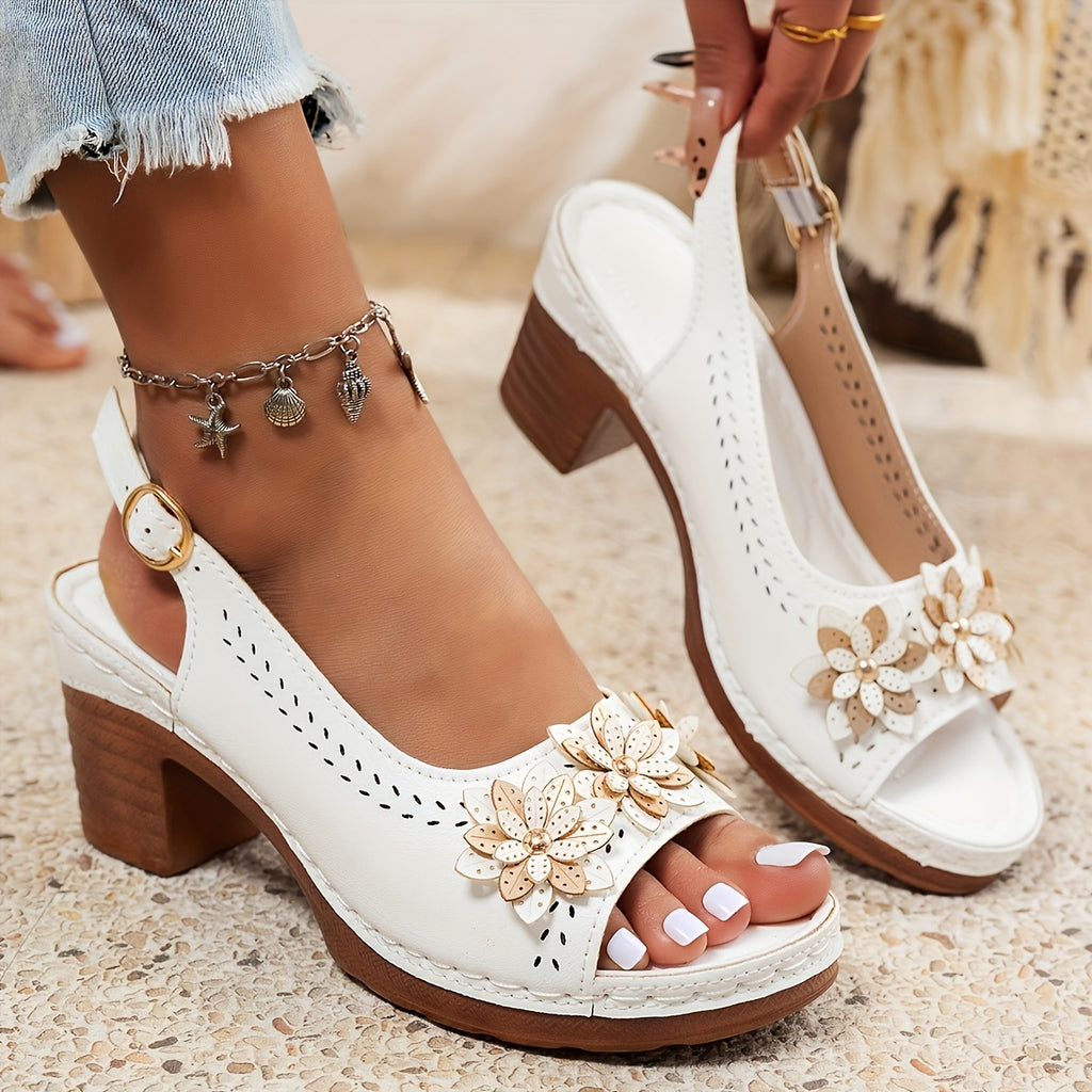 🌸【36-43】Sandale cu pană șic pentru femei, cu accente florale - Culoare uni versatile, vârf deschis, design cu curele la gleznă, toc gros confortabil