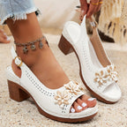 🌸【36-43】Sandale cu pană șic pentru femei, cu accente florale - Culoare uni versatile, vârf deschis, design cu curele la gleznă, toc gros confortabil