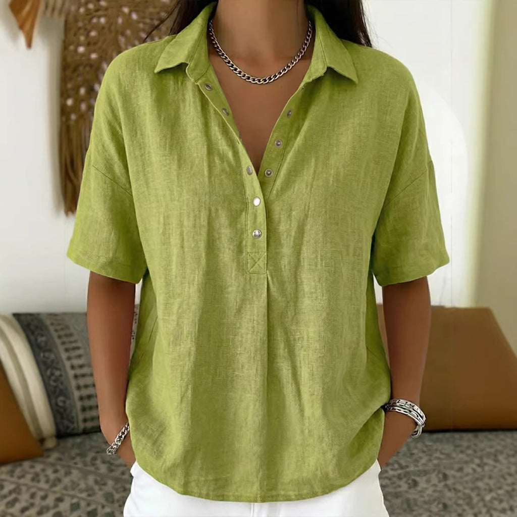 Ultima zi, reducere 50%! ✨【S–3XL】Cămașă damă din bumbac și in, cu mânecă scurtă, croială cambrată, model versatil, respirabil, confortabil și ușor de purtat.